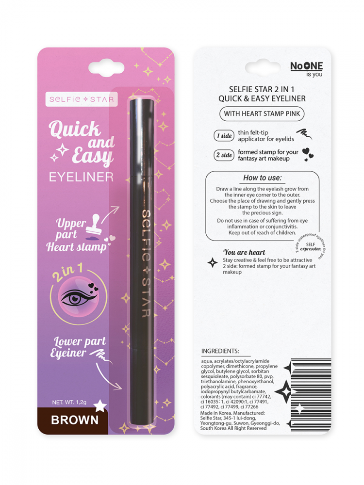 SELFIE STAR Подводка для глаз КОРИЧНЕВАЯ со штампом ЗВЕЗДА 2 in 1 Selfie Star Quick & Easy Eyeliner Star stamp Brown, 1,2 г